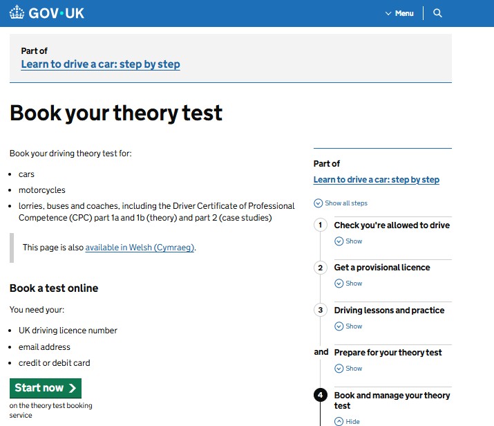 UK GOVT official website for booking your theory test online